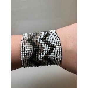 Handmade Woven Seed Bead Cuff Bracelet Geometric White Black Grey